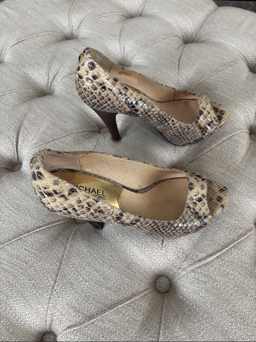 Michael Kors Snake-Print Peep-Toe Heels in Tan and Brown